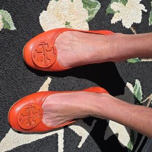 Tory Burch Women's Pebbled Bright Orange Ballet Flats